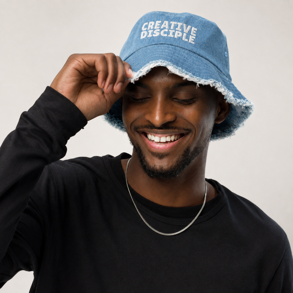 Distressed denim bucket hat